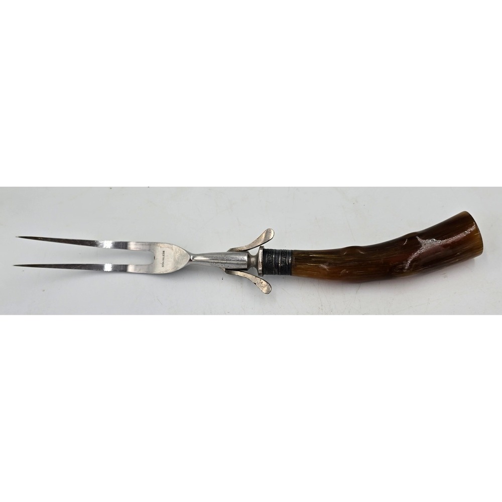 Vtg Landers Frary & Clark Meat Carving Fork Stag Antler Horn Handle Safety Guard